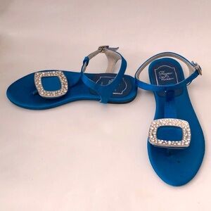 Roger Vivier 36 (6 USA) Blue Satin Sandal Flat Adjustabl Rhinestone Silver strap